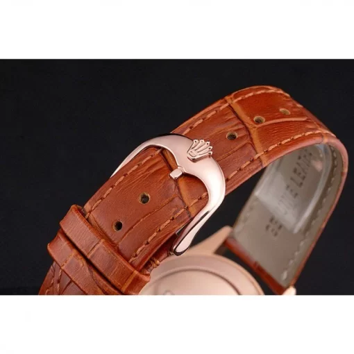 Swiss Rolex Cellini White Dial Roman Numerals Rose Gold Case Light Brown Leather Strap - 图片 6