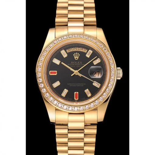 Swiss Rolex Day-Date Diamonds And Rubies Black Dial Yellow Gold Bracelet 1454101 - 图片 2