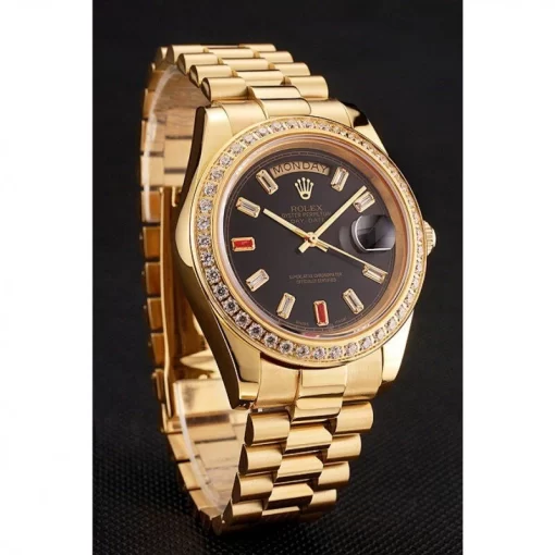 Swiss Rolex Day-Date Diamonds And Rubies Black Dial Yellow Gold Bracelet 1454101 - 图片 3