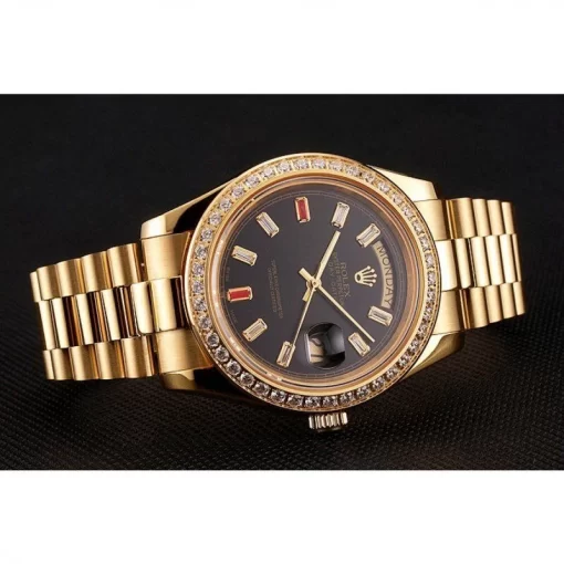 Swiss Rolex Day-Date Diamonds And Rubies Black Dial Yellow Gold Bracelet 1454101 - 图片 4