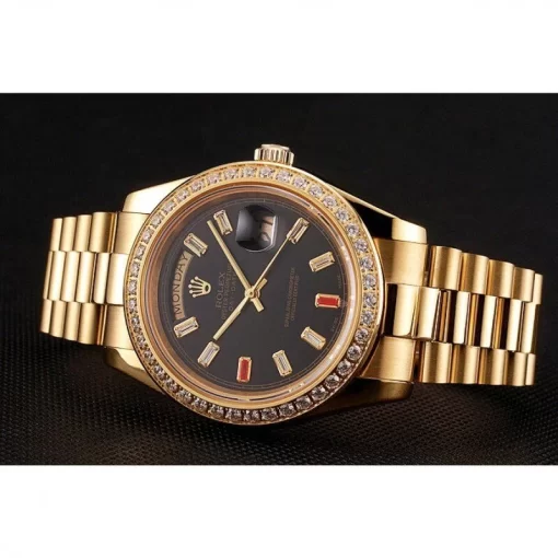 Swiss Rolex Day-Date Diamonds And Rubies Black Dial Yellow Gold Bracelet 1454101 - 图片 5