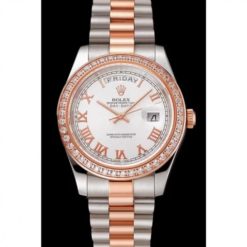 Swiss Rolex Day-Date Diamonds Bezel White Dial Rose Gold And Staineless Steel Bracelet 1454108 - 图片 2