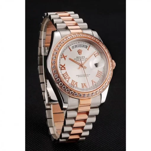 Swiss Rolex Day-Date Diamonds Bezel White Dial Rose Gold And Staineless Steel Bracelet 1454108 - 图片 3