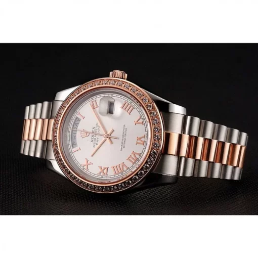 Swiss Rolex Day-Date Diamonds Bezel White Dial Rose Gold And Staineless Steel Bracelet 1454108 - 图片 4