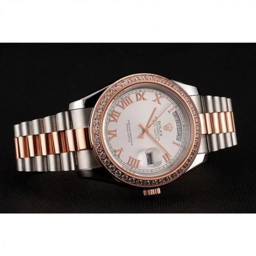 Swiss Rolex Day-Date Diamonds Bezel White Dial Rose Gold And Staineless Steel Bracelet 1454108 - 图片 5
