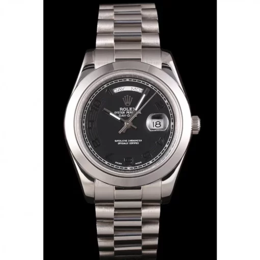 Swiss Rolex Day-Date Stainless Steel Bracelet Black Dial 80294 - 图片 2