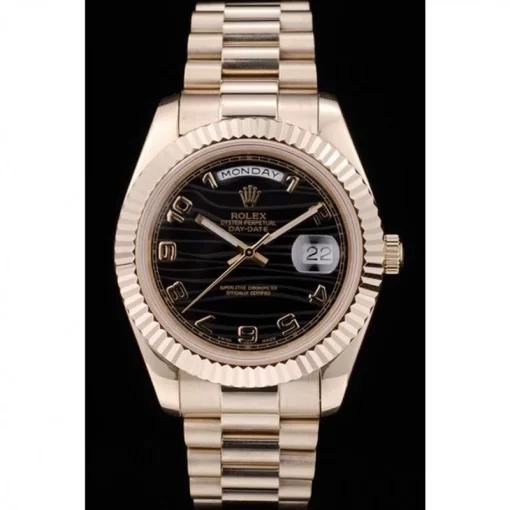Swiss Rolex Day-Date Gold Stainless Steel Ribbed Bezel Black Dial 41998 - 图片 2