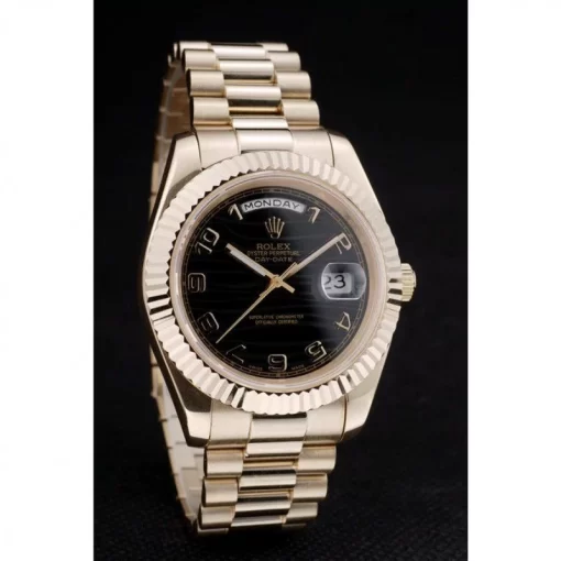 Swiss Rolex Day-Date Gold Stainless Steel Ribbed Bezel Black Dial 41998 - 图片 3