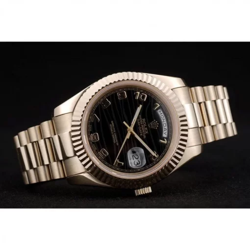 Swiss Rolex Day-Date Gold Stainless Steel Ribbed Bezel Black Dial 41998 - 图片 4