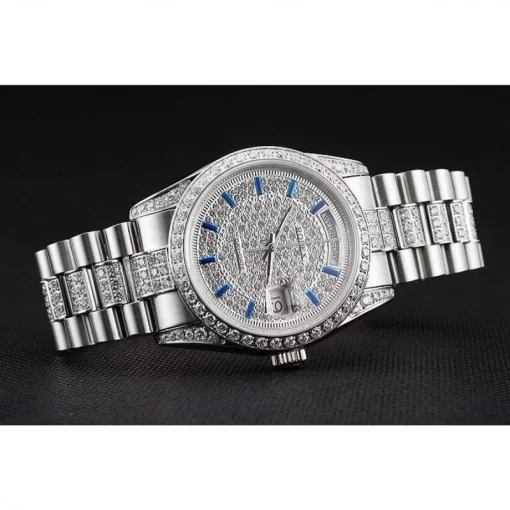 Swiss Rolex Day-Date Diamond Pave Dial And Bezel And Stainless Steel Bracelet - 图片 5