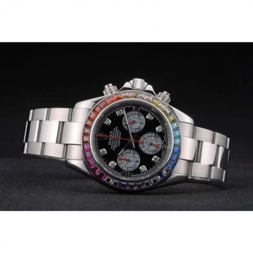 Rolex Daytona Cosmograph Rainbow Crystals Bezel Stainless Steep Strap Black Dial 80250 - 图片 5