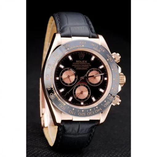 Rolex Daytona Rose Gold Case Black Dial Black Leather Strap - 图片 3