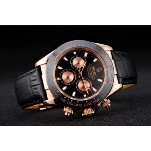 Rolex Daytona Rose Gold Case Black Dial Black Leather Strap - 图片 4