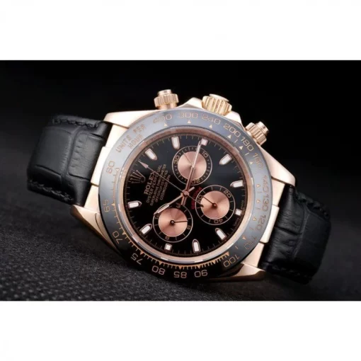 Rolex Daytona Rose Gold Case Black Dial Black Leather Strap - 图片 5