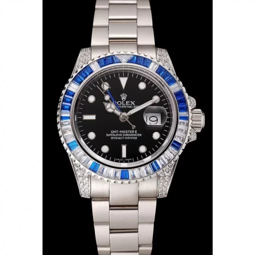 Swiss Rolex GMT Master II Black Dial Stone Set Bezel Stainless Steel Case And Bracelet 1453747 - 图片 2