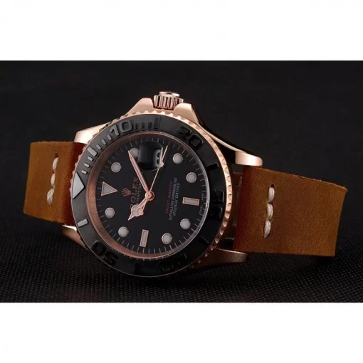 Rolex Yacht-Master Black Dial Rose Gold Case Brown Leather Bracelet 1453861 - 图片 3