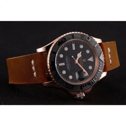 Rolex Yacht-Master Black Dial Rose Gold Case Brown Leather Bracelet 1453861 - 图片 4