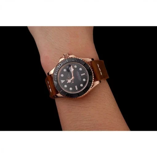Rolex Yacht-Master Black Dial Rose Gold Case Brown Leather Bracelet 1453861 - 图片 9