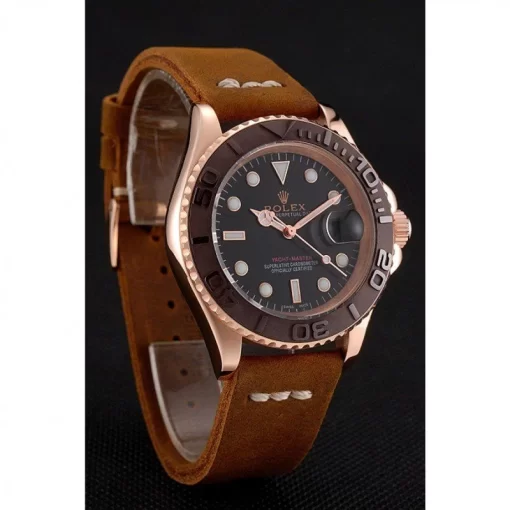 Rolex Yacht-Master Black Dial Brown Bezel Rose Gold Case Brown Leather Bracelet 1453860 - 图片 2