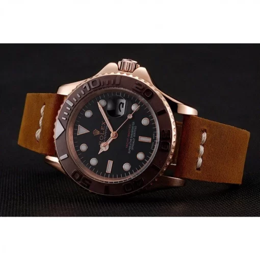 Rolex Yacht-Master Black Dial Brown Bezel Rose Gold Case Brown Leather Bracelet 1453860 - 图片 4