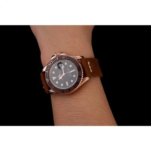 Rolex Yacht-Master Black Dial Brown Bezel Rose Gold Case Brown Leather Bracelet 1453860 - 图片 9
