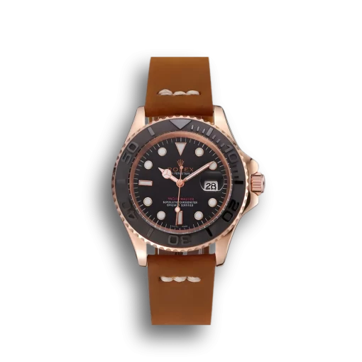Rolex Yacht-Master Black Dial Rose Gold Case Brown Leather Bracelet 1453861