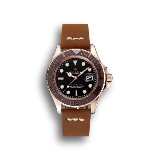 Rolex Yacht-Master Black Dial Brown Bezel Rose Gold Case Brown Leather Bracelet 1453860