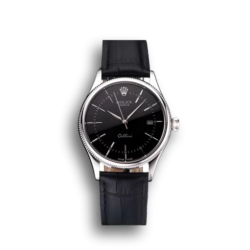 Swiss Rolex Cellini Date Black Dial Stainless Steel Case Black Leather Strap
