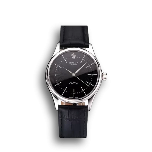 Swiss Rolex Cellini Black Dial Steel Case Black Leather Strap