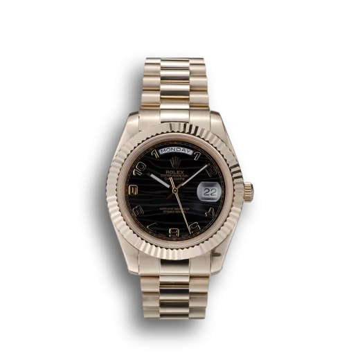 Swiss Rolex Day-Date Gold Stainless Steel Ribbed Bezel Black Dial 41998