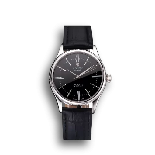 Swiss Rolex Cellini Black Dial Roman Numerals Stainless Steel Case Black Leather Strap