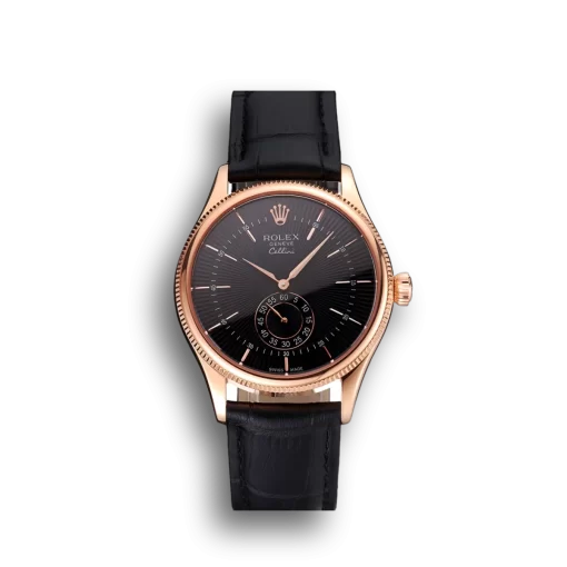 Swiss Rolex Cellini Black Dial Rose Gold Case Black Leather Strap