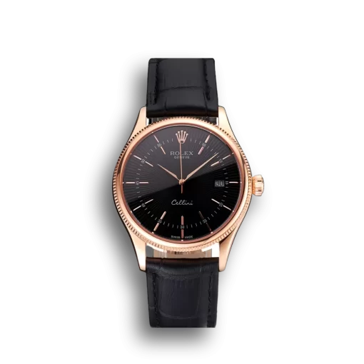 Swiss Rolex Cellini Date Black Dial Rose Gold Markings Rose Gold Case Black Leather Strap