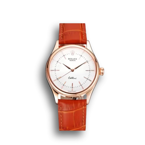 Swiss Rolex Cellini White Dial Rose Gold Case Brown Leather Strap