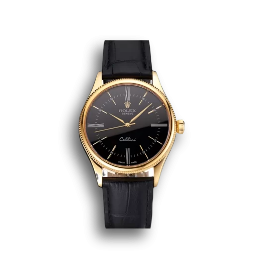 Swiss Rolex Cellini Black Dial Roman Numerals Gold Case Black Leather Strap