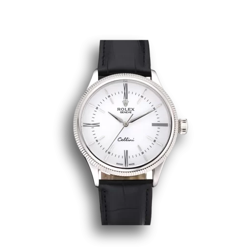 Swiss Rolex Cellini Time Silver Case White Dial Black Leather Bracelet  622653