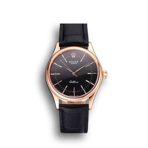 Swiss Rolex Cellini Black Dial Rose Gold Markings Rose Gold Case Black Leather Strap