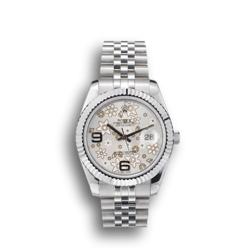 Swiss Rolex DateJust Stainless Steel Ribbed Bezel Flower Silver Dial 42001