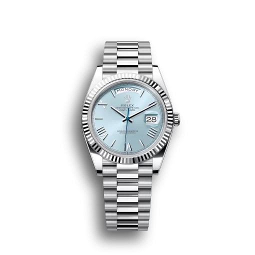 Rolex Day-Date: 40 mm, Platinum with an ice-blue dial, Fluted bezel and a President bracelet, m228236-0012