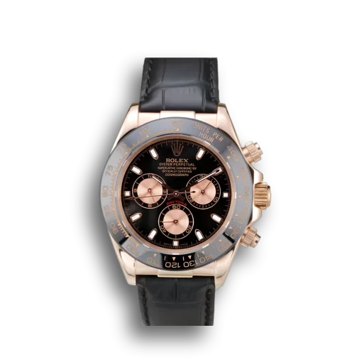 Rolex Daytona Rose Gold Case Black Dial Black Leather Strap