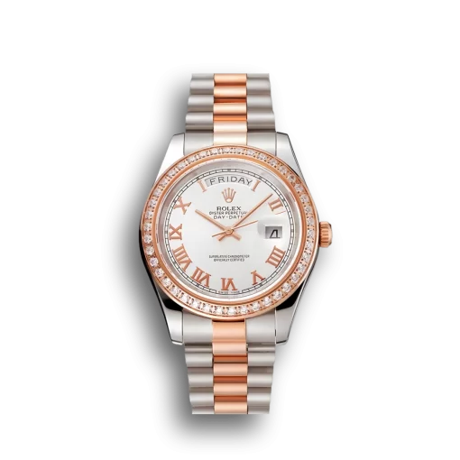 Swiss Rolex Day-Date Diamonds Bezel White Dial Rose Gold And Staineless Steel Bracelet 1454108