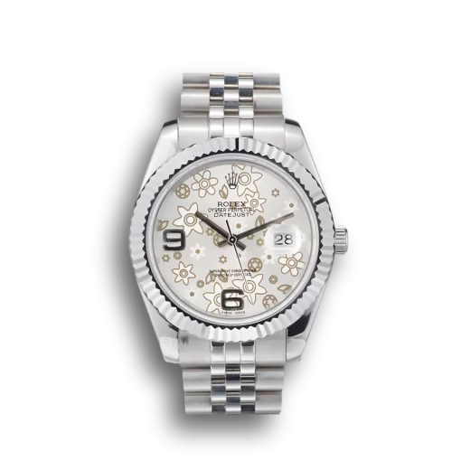 Rolex DateJust Stainless Steel Ribbed Bezel Flower Silver Dial 41983